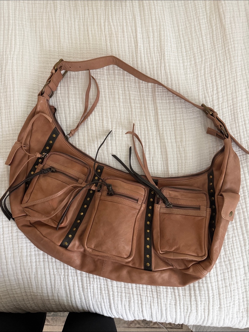 Free People Cognac Leather Multi-Pocket Shoulder Bag